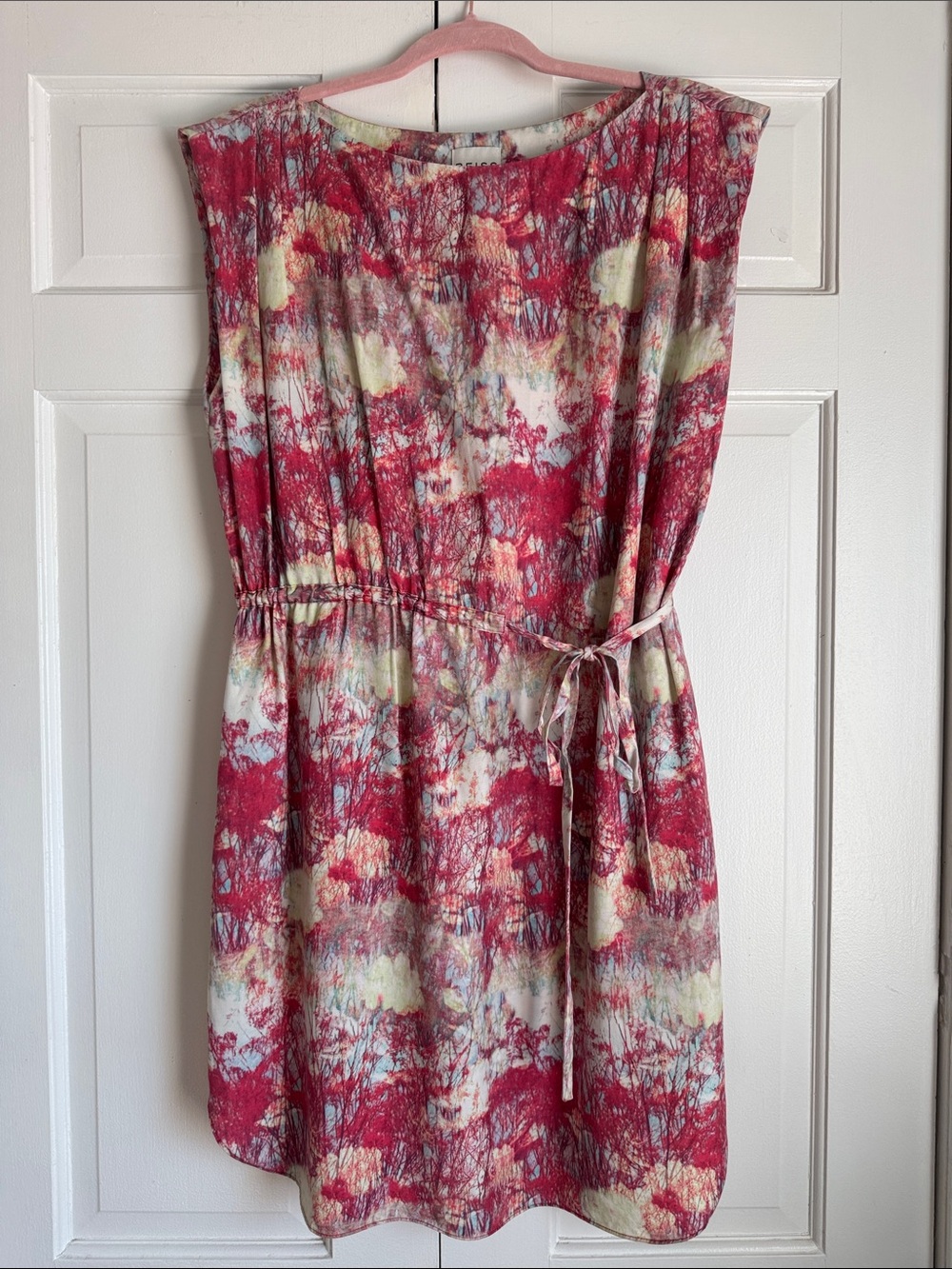 EUC Reiss Raspberry Floral Tie-Waist Sleeveless Dress Rounded Hem Pockets Lined